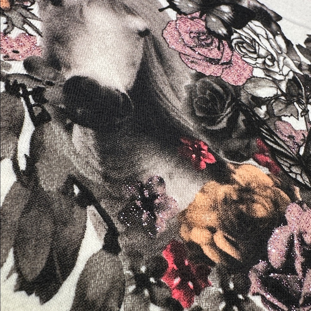H & M SIZE 8-10 ~GIRLS CREAM SPARKLE FLORAL HORSE CREWNECK TANK TOP~SHIRT - Picture 4 of 13